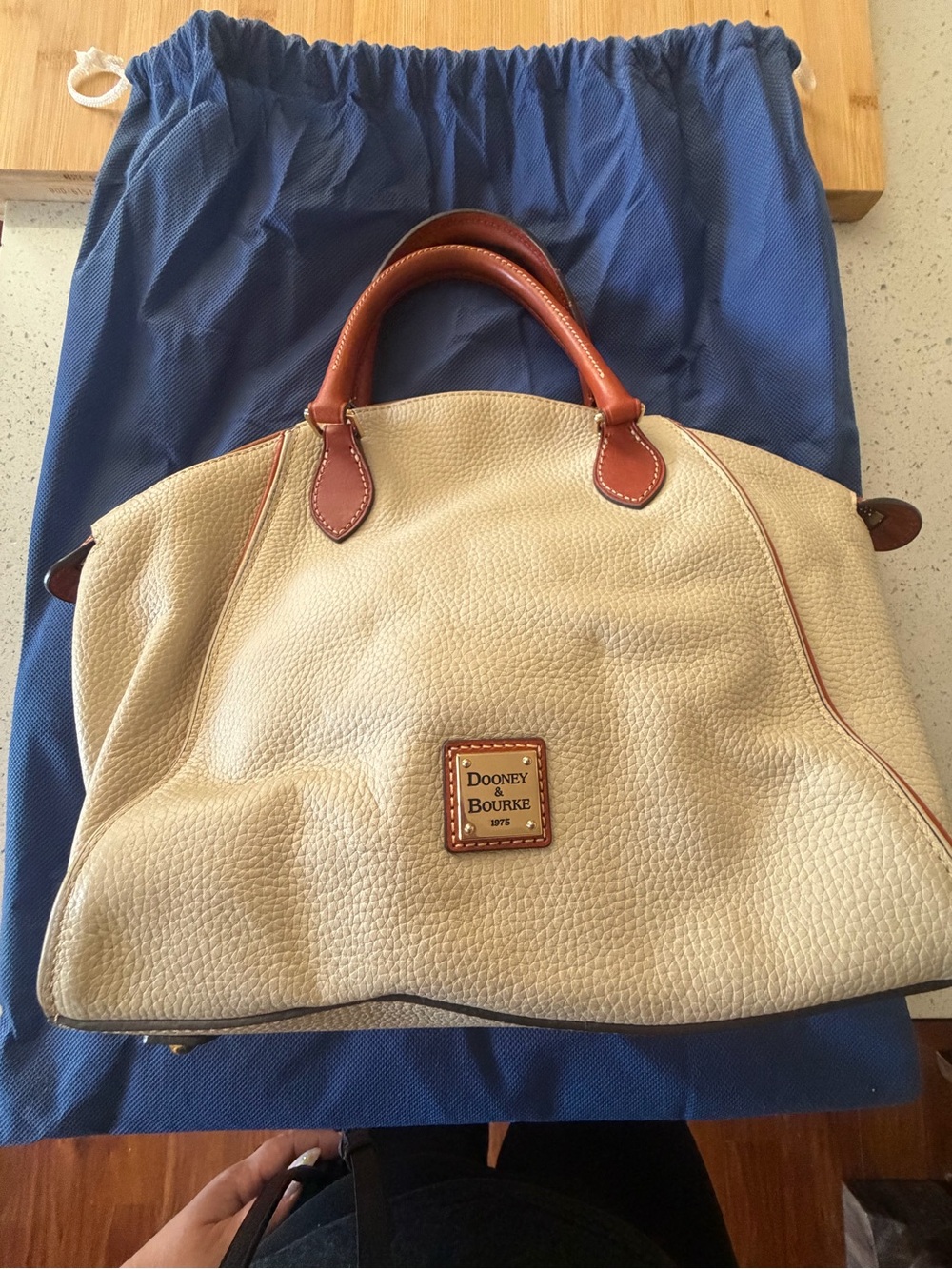 Dooney & Bourke Cream Pebbled Leather Satchel with Handles.